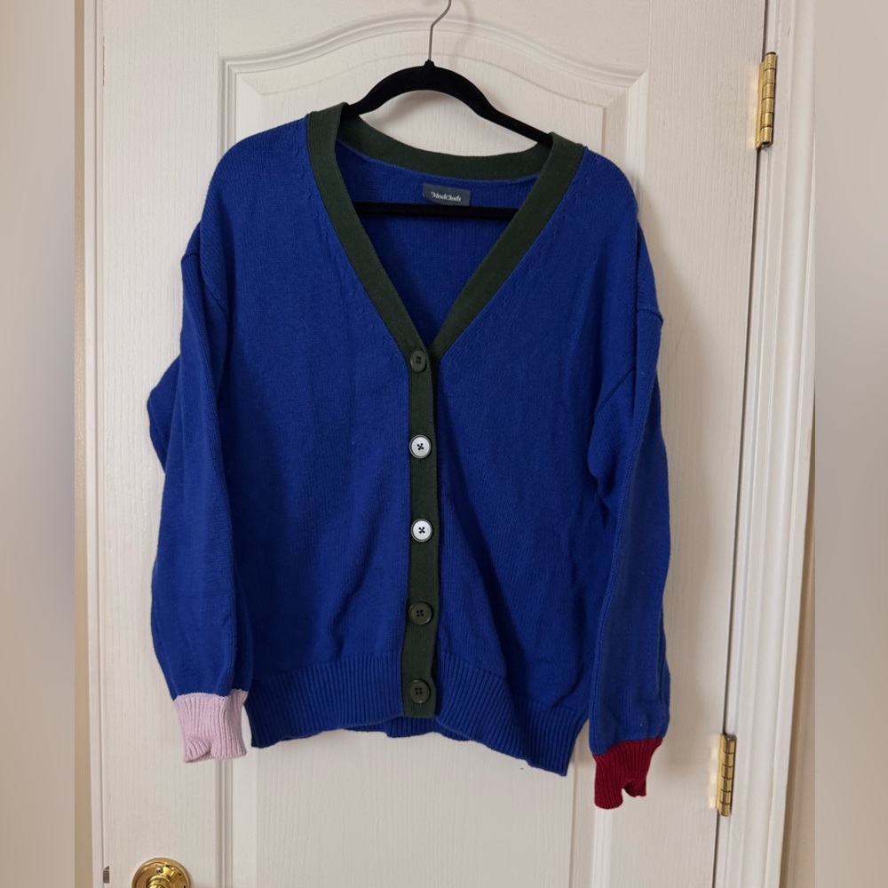 Medium ModCloth Colorblock Primary Colors Button Down Cardigan Sweater - Picture 2 of 6